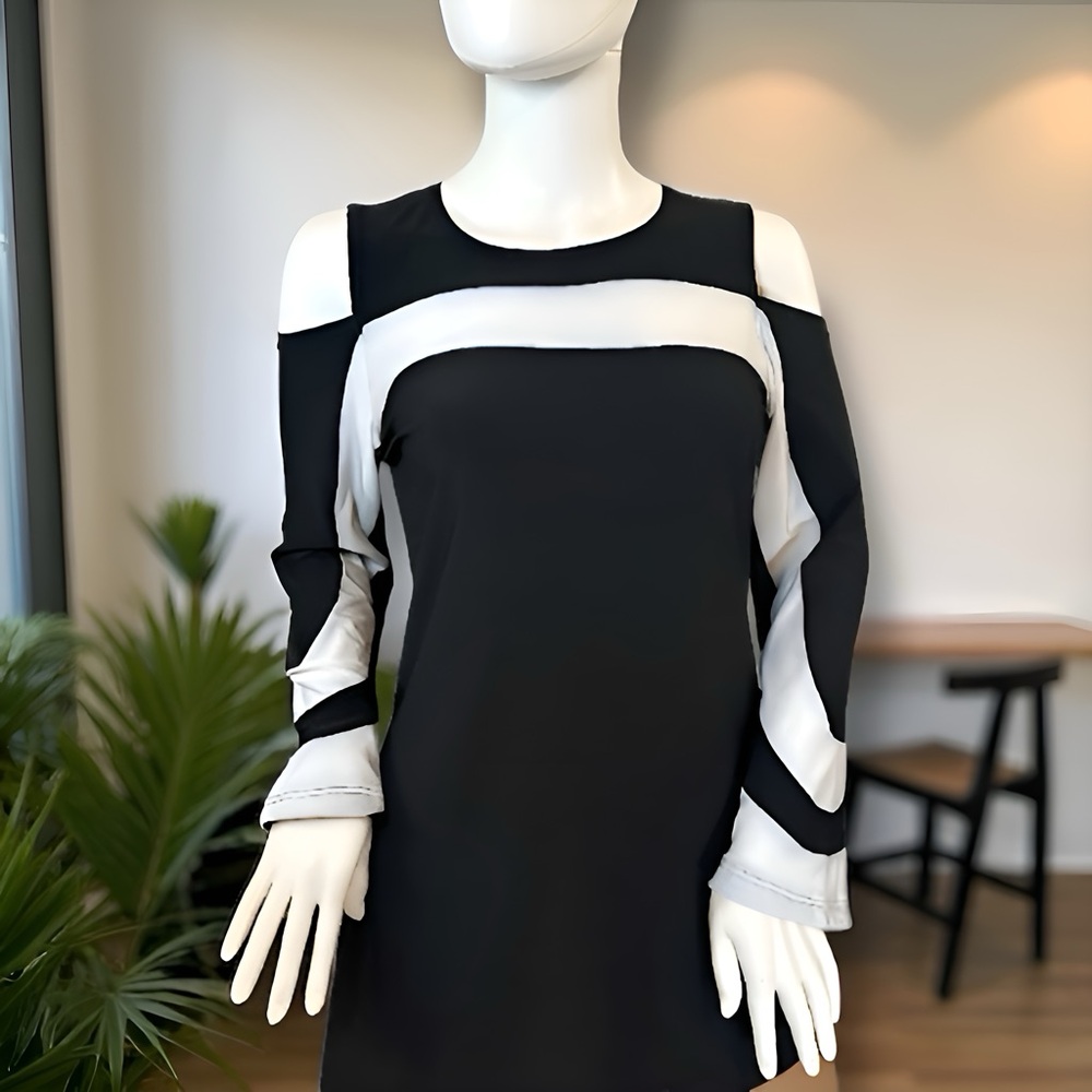 Women's Artex Brand Fashion Black & White Cold Shoulder Polyester Blend Top SP
